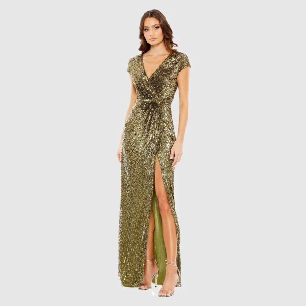 Mac Duggal 5623 NWT Sequined Faux Wrap Cap Sleeve Gown